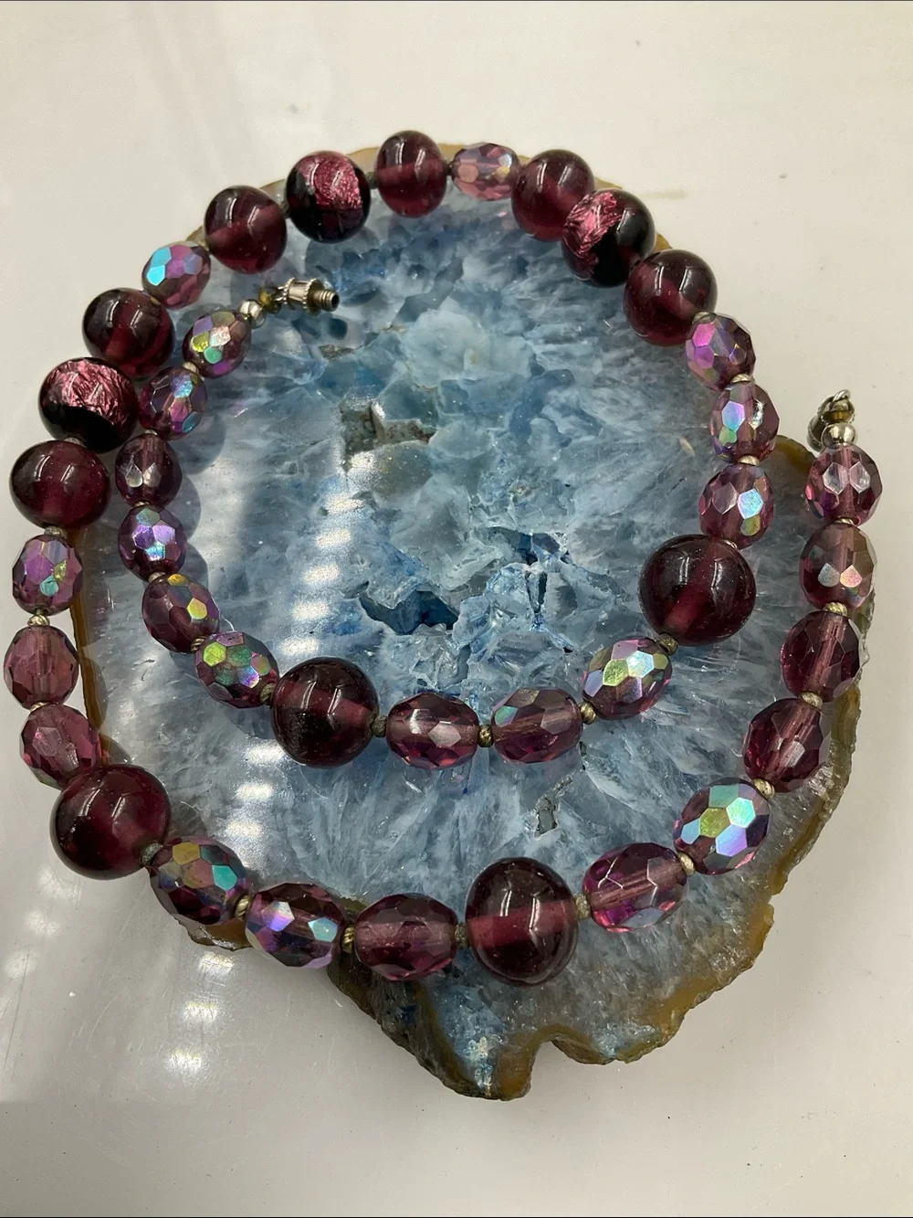 16”Deep Purple Round Amethyst Beaded Necklace Gemstones, Faceted Aurora Borealis
